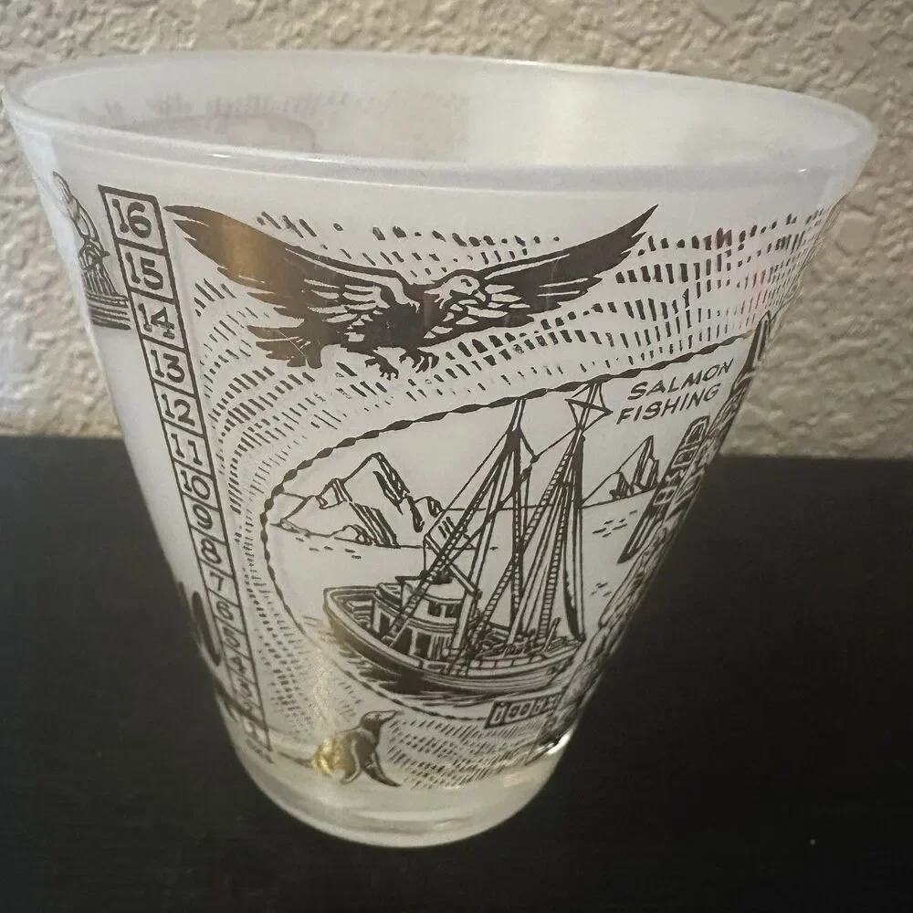 Vintage Frosted Glass 16 Oz Alaskan Jigger  Gold MCM Vintage 50s‎